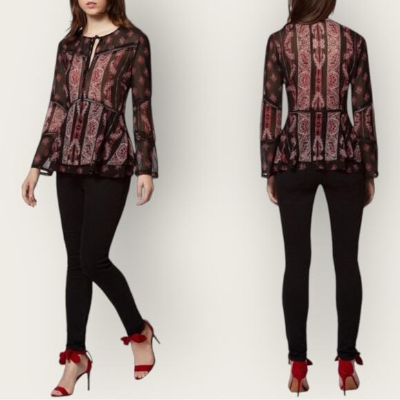 Avec Les Filles | Tie Neck Long Sleeves Printed Blouse | Cordovan Multi | XS - Picture 1 of 12